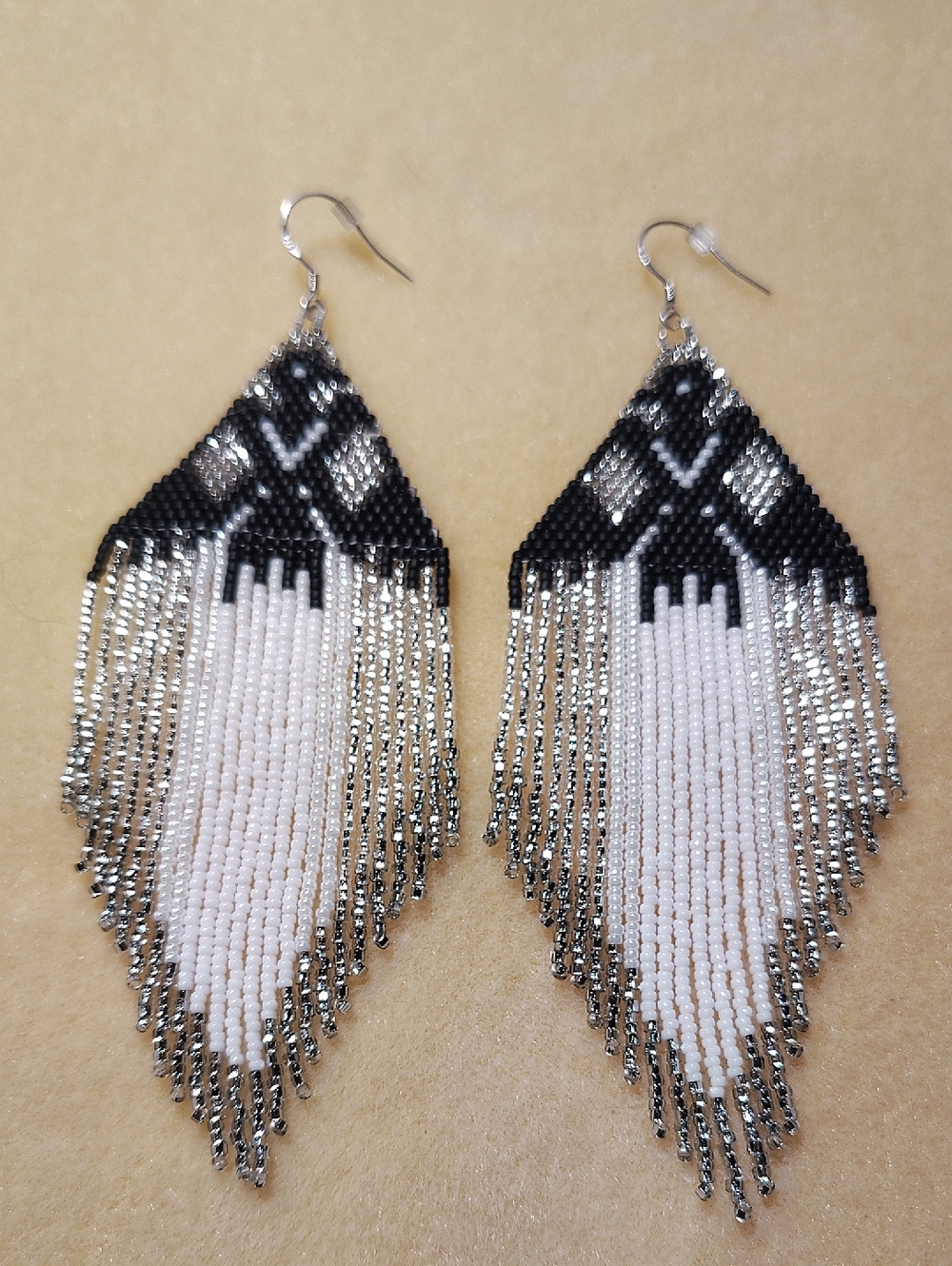 Handcrafted Black & White Beaded Fringe Earrings